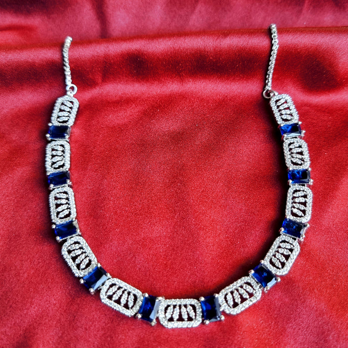 Blue Sapphire & CZ Silver Complete Jewellery Set with Necklace, Earrings, and Mang Tikka
