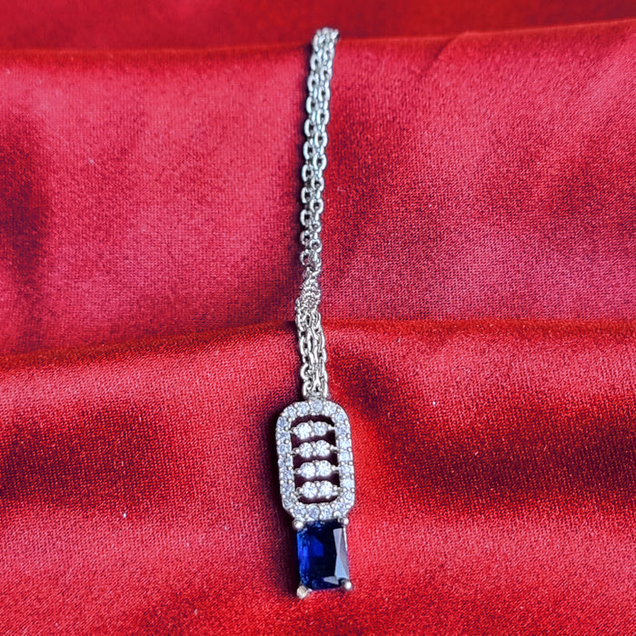 Blue Sapphire & CZ Silver Complete Jewellery Set with Necklace, Earrings, and Mang Tikka