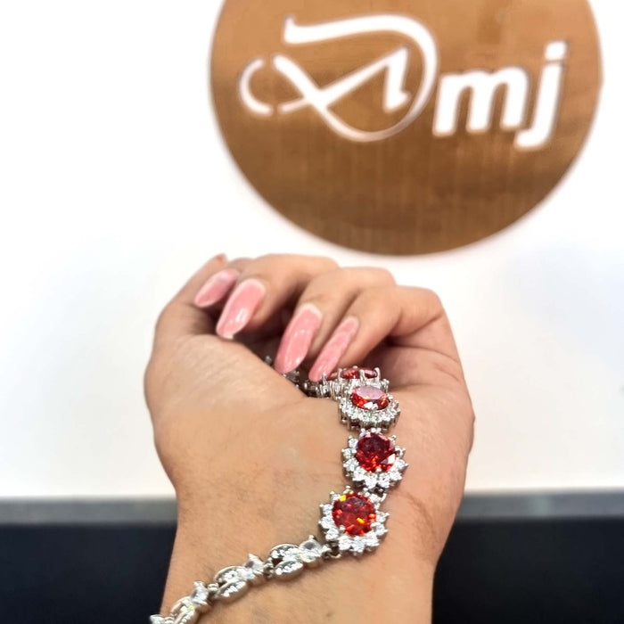 Elegant Red Garnet Silver Plated Bracelet with Sparkling American Diamonds for Women and Girls