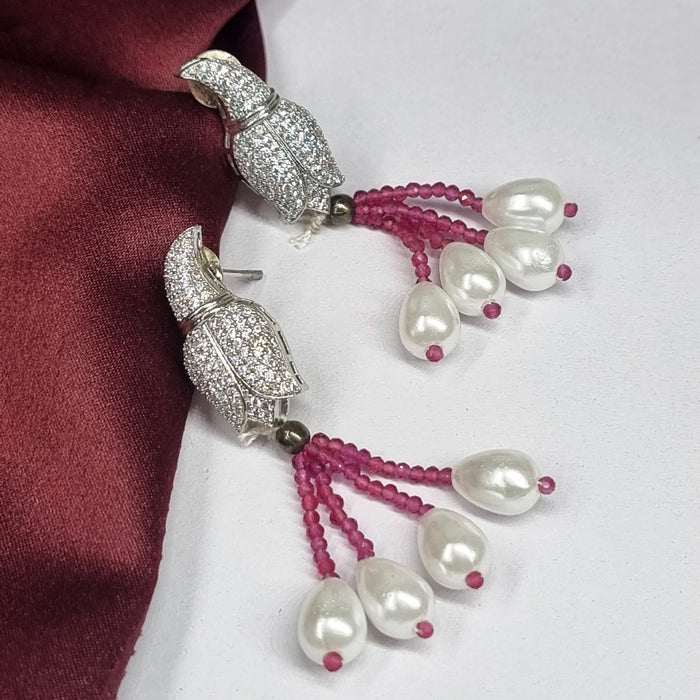 Rose Shape CZ Stones and Pearls Studded Silver Plated Jewelry Set