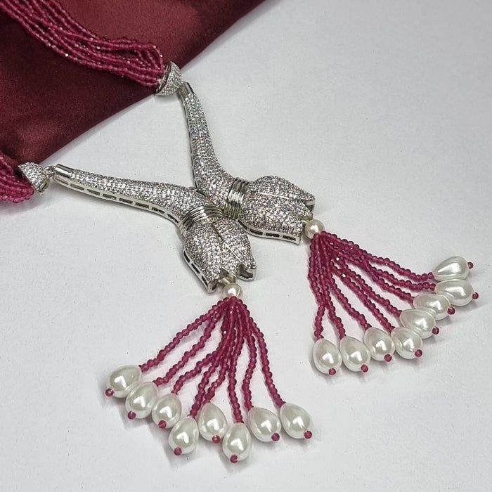 Rose Shape CZ Stones and Pearls Studded Silver Plated Jewelry Set