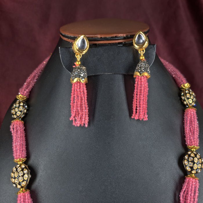 Beautiful Pink Beads and CZ Stones Studded Women's Earring and Necklace Set