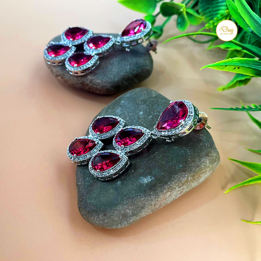 Beautiful Pink Tourmaline & CZ Stone Silver-Plated Dangle Earrings