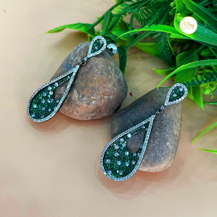 Green Color AD Stone Silver Plated Earrings