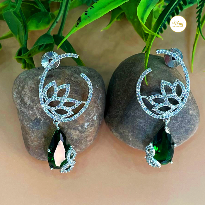 Shine with Diwam Jewels: Silver-Plated Emerald & CZ Stone Dangle Earrings