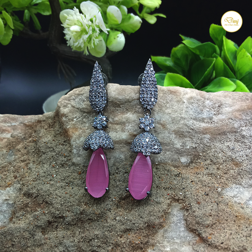 Rose Quartz and AD Stones Silver Plated Brass Earrings For Women