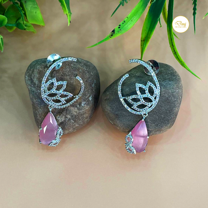 Shine with Diwam Jewels: Silver-Plated Rose Quartz & CZ Stone Dangle Earrings