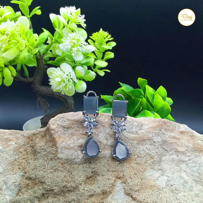 Diwam Jewels Black Silver-Plated Grey Monalisa and CZ Stone Brass Dangle Earrings