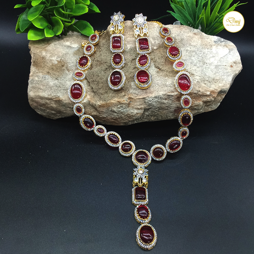 Crimson Tourmaline Stone Studded Silver Plated Jewelry Set with Necklace and Earrings