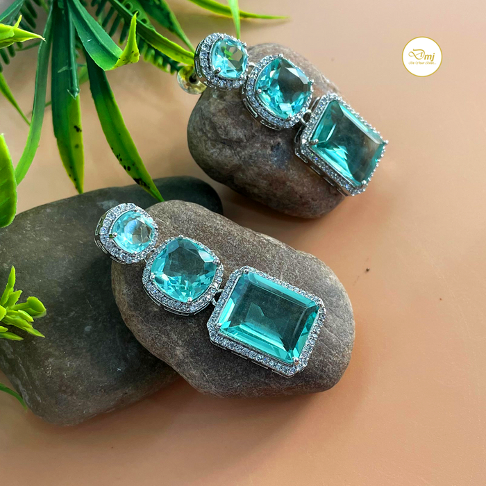 Sparkle with Diwam Jewels: Silver-Plated Aquamarine & CZ Stone Dangle Earrings
