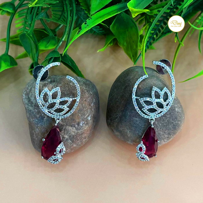 Stylish Red Garnet Stone Studded Silver Plated Earrings