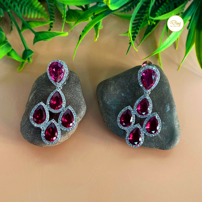 Beautiful Pink Tourmaline & CZ Stone Silver-Plated Dangle Earrings