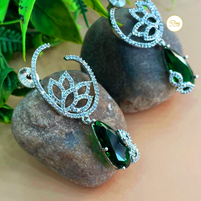 Shine with Diwam Jewels: Silver-Plated Emerald & CZ Stone Dangle Earrings