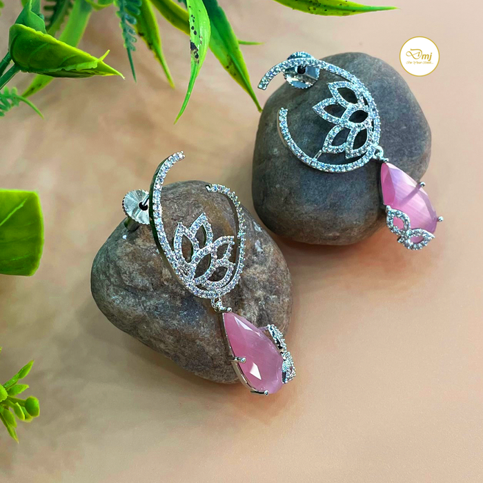 Shine with Diwam Jewels: Silver-Plated Rose Quartz & CZ Stone Dangle Earrings