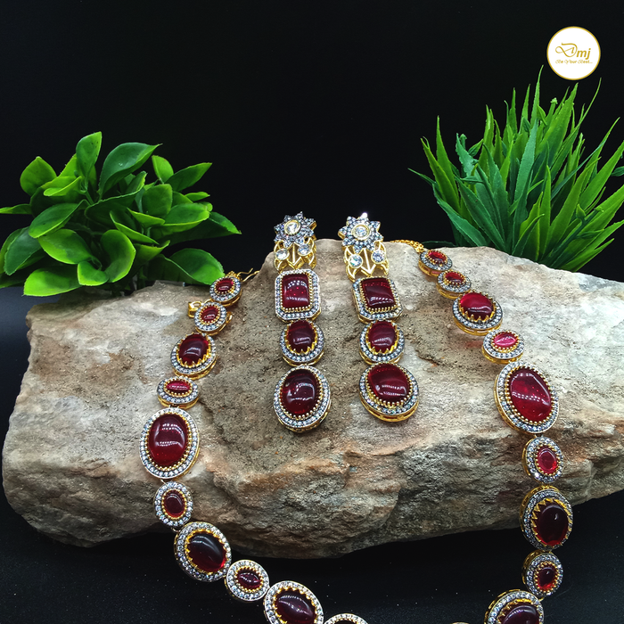 Crimson Tourmaline Stone Studded Silver Plated Jewelry Set with Necklace and Earrings