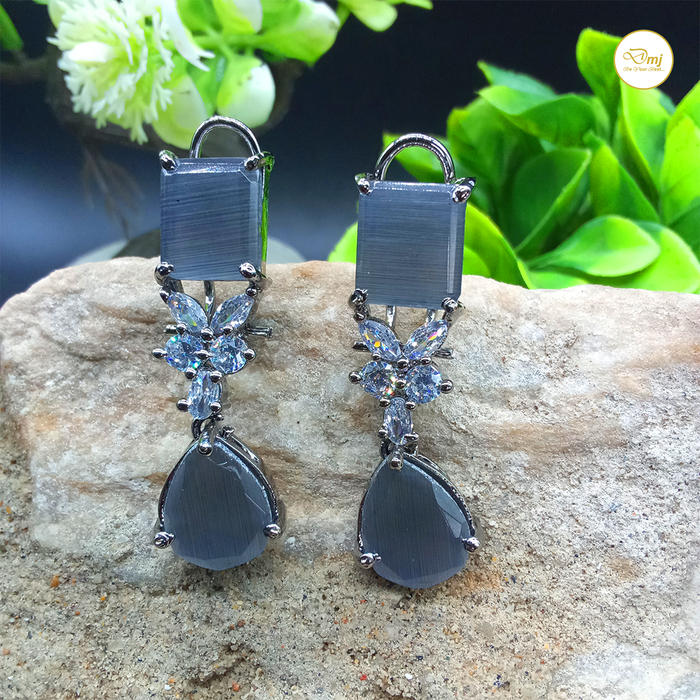 Diwam Jewels Black Silver-Plated Grey Monalisa and CZ Stone Brass Dangle Earrings