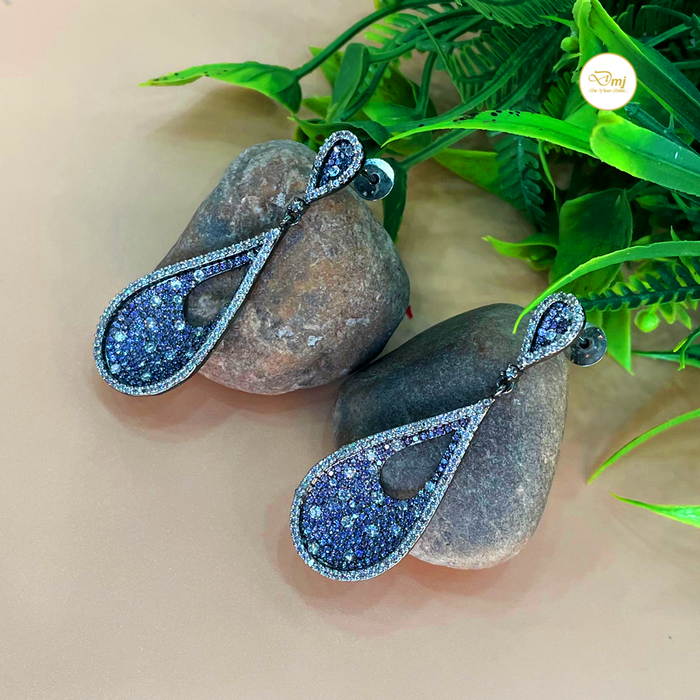 Blue Color AD Stone Silver Plated Drop Earrings