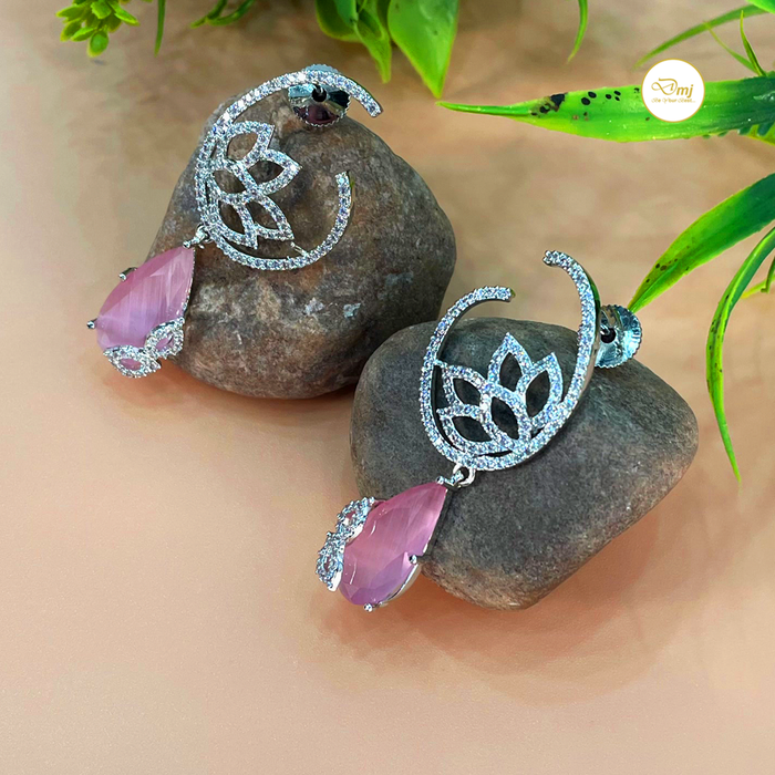Shine with Diwam Jewels: Silver-Plated Rose Quartz & CZ Stone Dangle Earrings