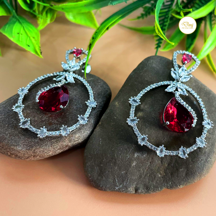 Designer Red Garnet and AD Stone Silver Plated Earrings