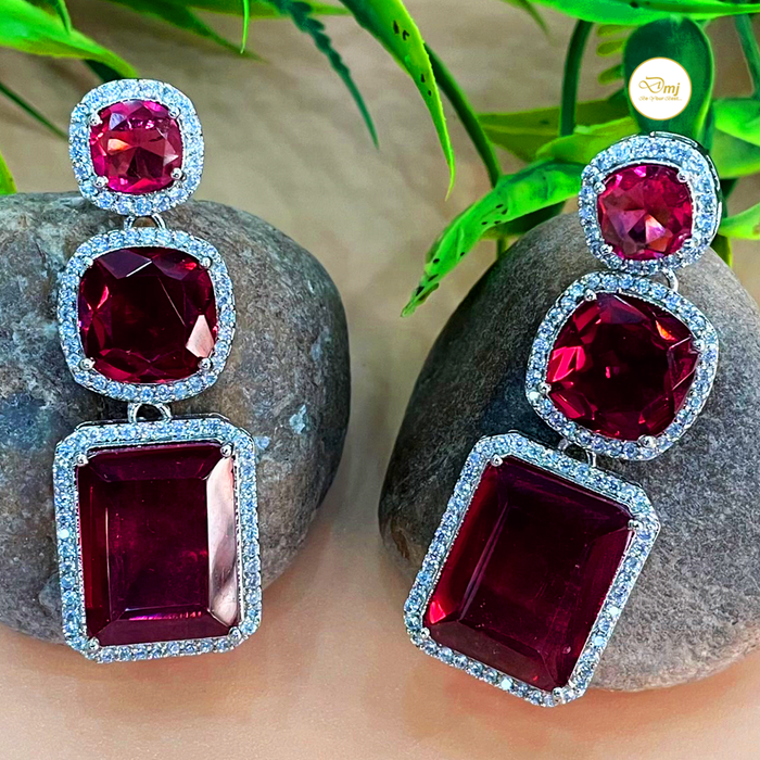 Diwam Jewels Silver-Plated Dangle Earrings with Red Ruby & CZ Stones
