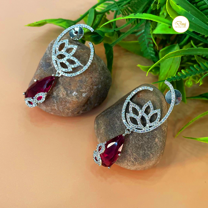 Stylish Red Garnet Stone Studded Silver Plated Earrings