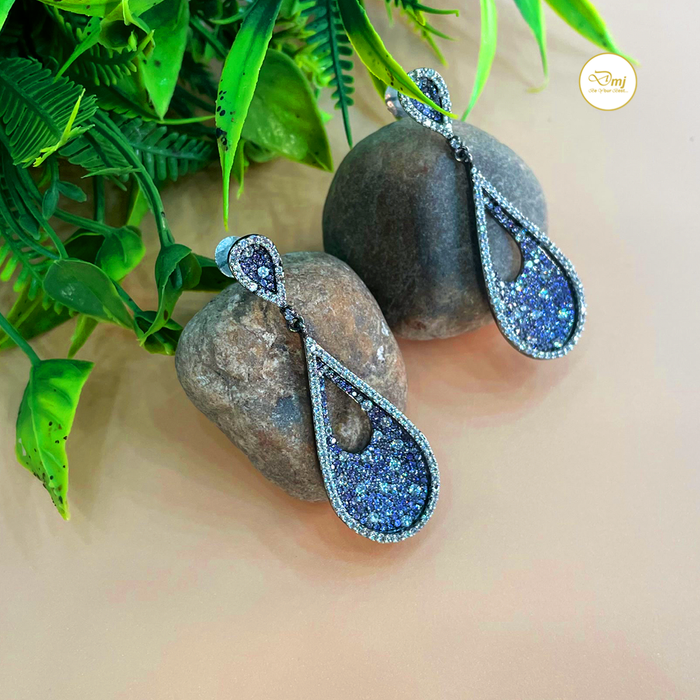 Blue Color AD Stone Silver Plated Drop Earrings