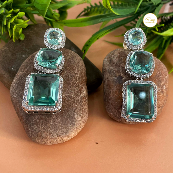 Sparkle with Diwam Jewels: Silver-Plated Aquamarine & CZ Stone Dangle Earrings