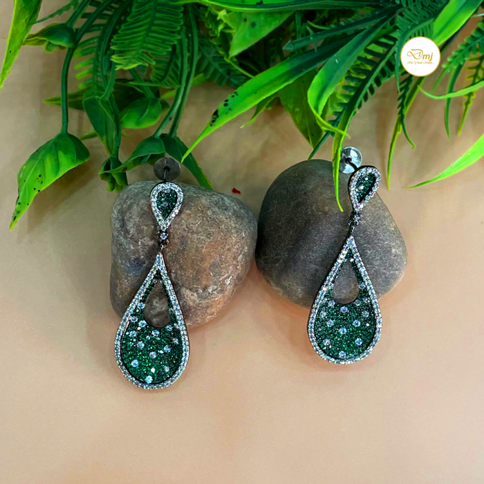 Green Color AD Stone Silver Plated Earrings