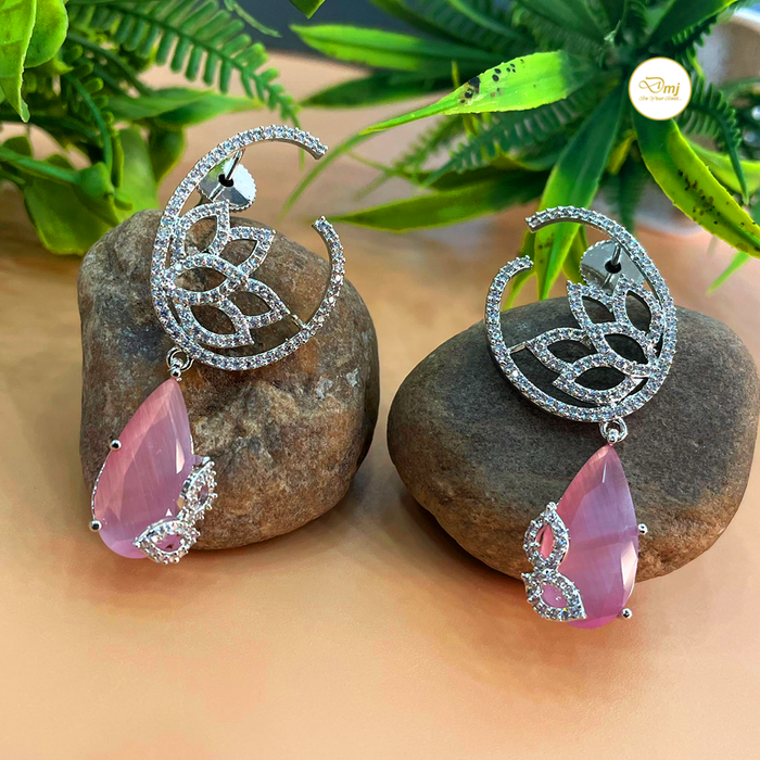 Shine with Diwam Jewels: Silver-Plated Rose Quartz & CZ Stone Dangle Earrings