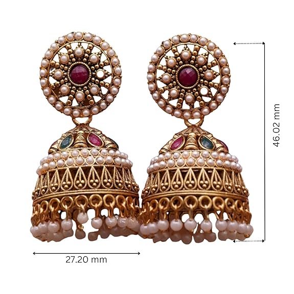 Pearl Studded Golden Kundan Beaded Jhumki Earrings For Women and Girls