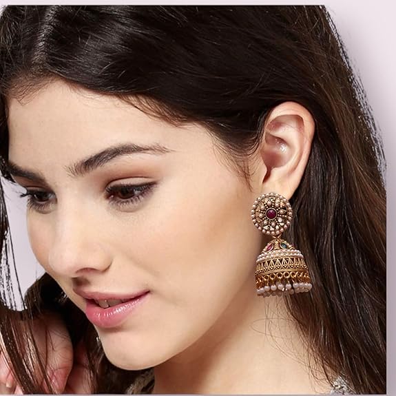 Pearl Studded Golden Kundan Beaded Jhumki Earrings For Women and Girls