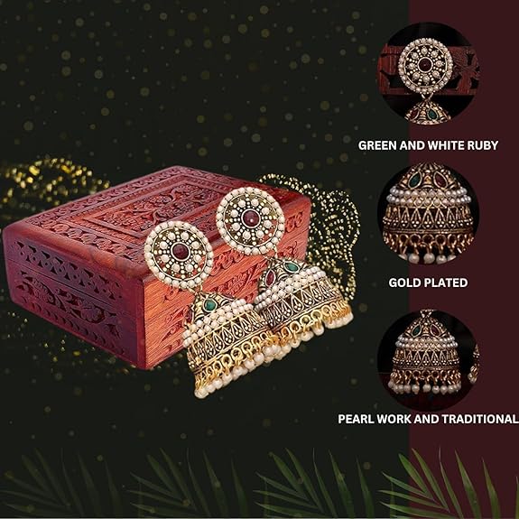 Pearl Studded Golden Kundan Beaded Jhumki Earrings For Women and Girls