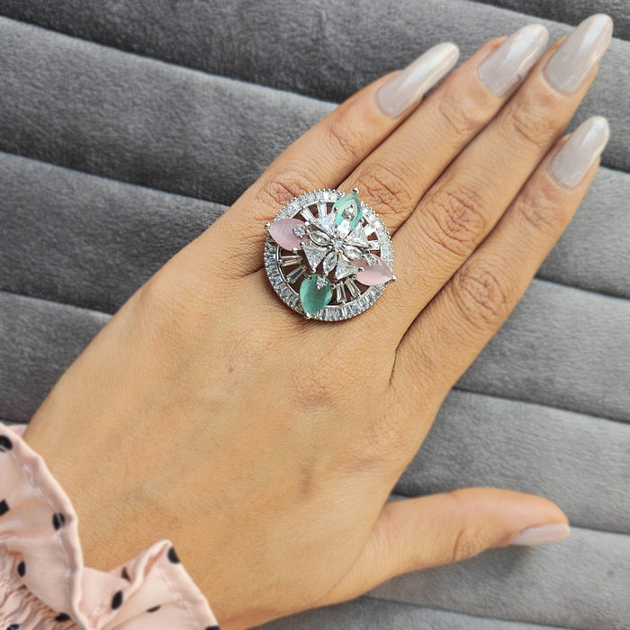 Boho Gemstone Ring - Rose Quartz, Aqua Chalcedony, CZ Stones