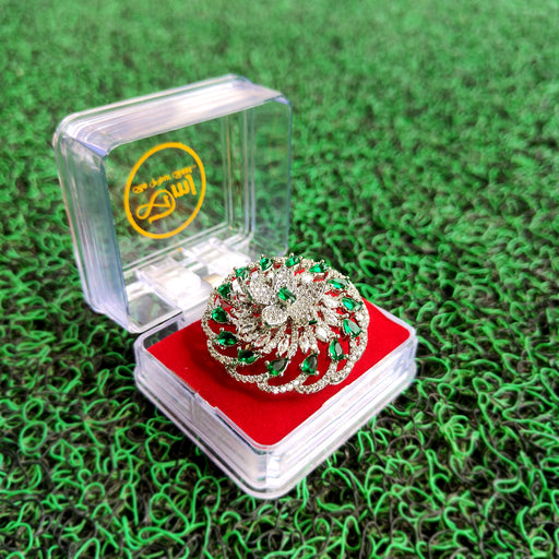 Stylish Green Stones & AD Stones Studded Silver-Plated Brass Ring