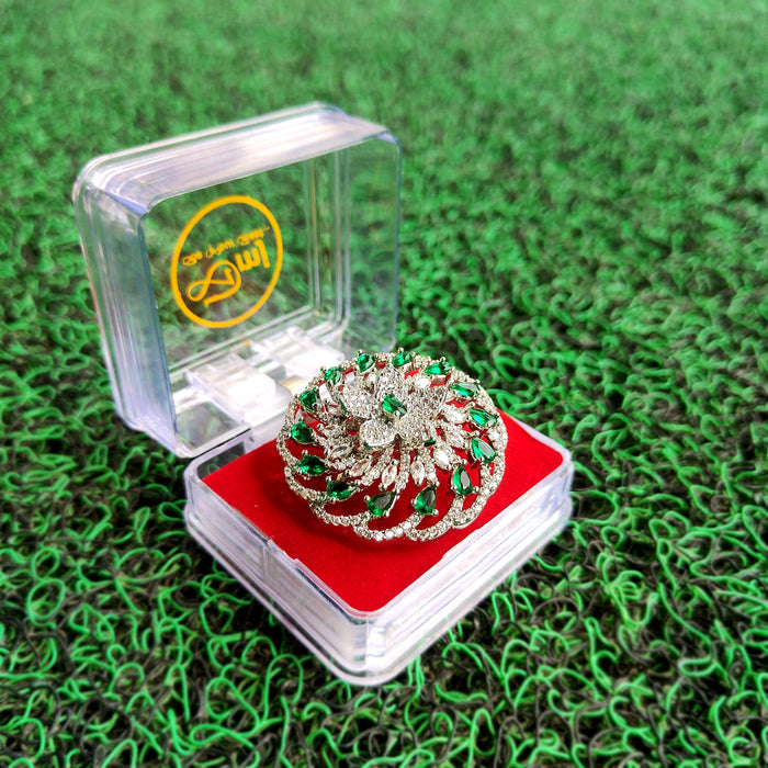 Stylish Green Stones & AD Stones Studded Silver-Plated Brass Ring