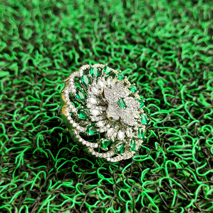 Stylish Green Stones & AD Stones Studded Silver-Plated Brass Ring