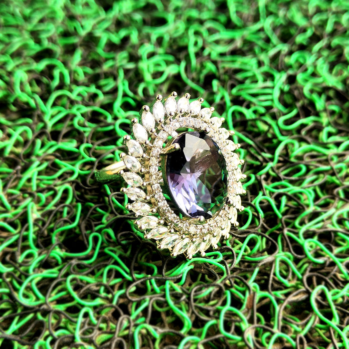 Silver-Plated Amethyst & AD Stones Studded Oval-Shaped Ring