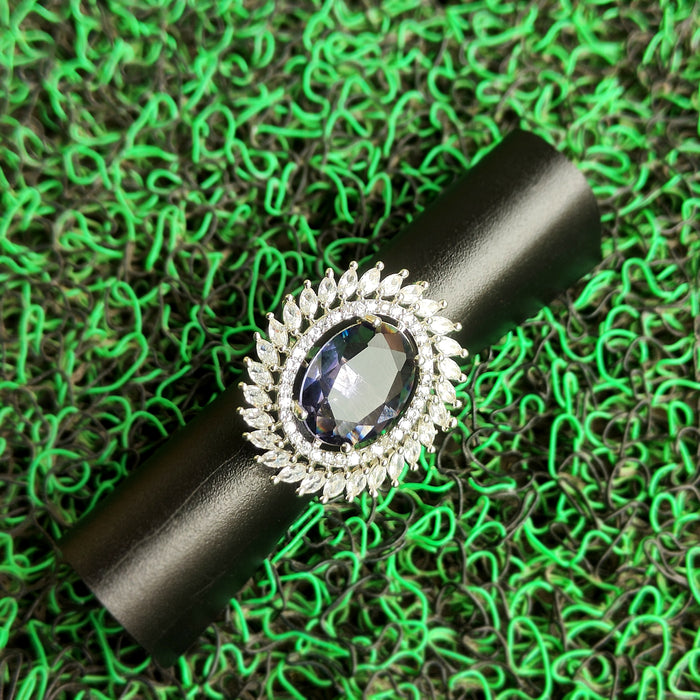 Silver-Plated Amethyst & AD Stones Studded Oval-Shaped Ring