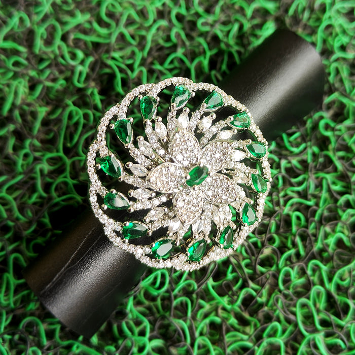 Stylish Green Stones & AD Stones Studded Silver-Plated Brass Ring