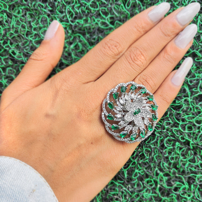 Stylish Green Stones & AD Stones Studded Silver-Plated Brass Ring