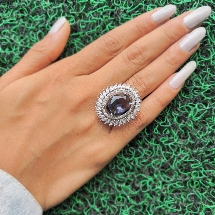 Silver-Plated Amethyst & AD Stones Studded Oval-Shaped Ring