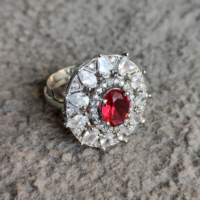 Adjustable Silver Plated Brass Ring with Garnet and CZ Stones: Timeless Charm Ring