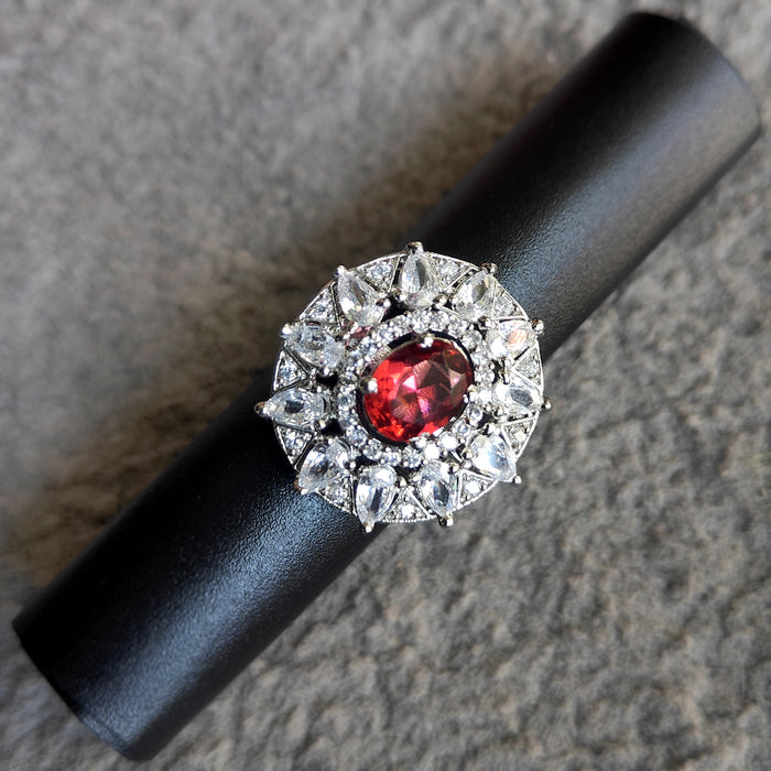 Adjustable Silver Plated Brass Ring with Garnet and CZ Stones: Timeless Charm Ring