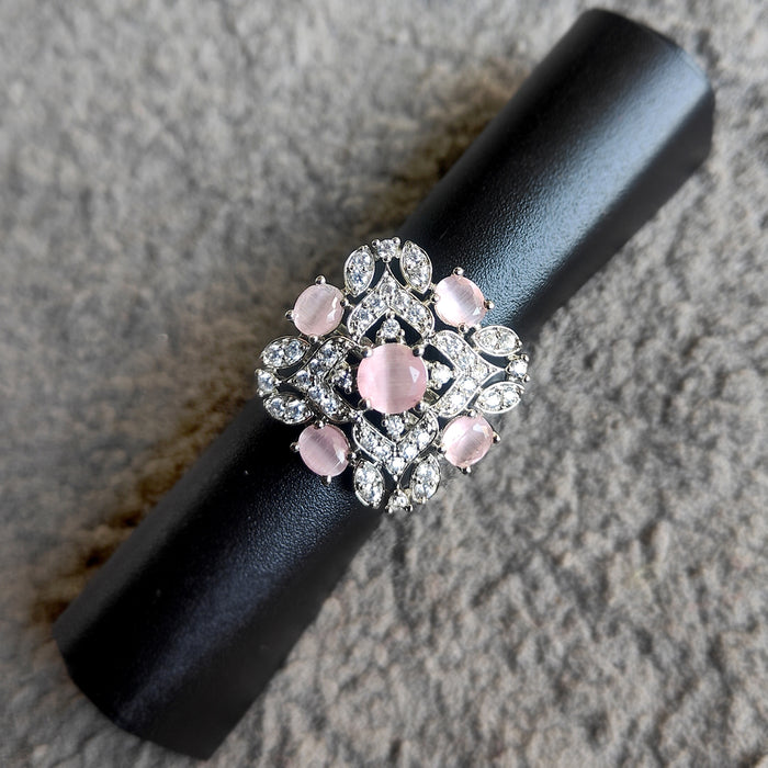 Modern Looking Rose Quartz & Ad Stones Silver Ring