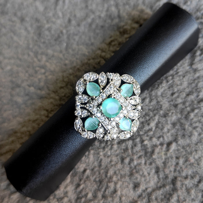 Elegant Ocean Color Aqua Marine & Ad Stones Silver-Plated Ring