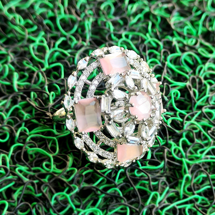 Silver Plated Brass Ring with Rose Quartz and CZ Stones: Timeless Elegance