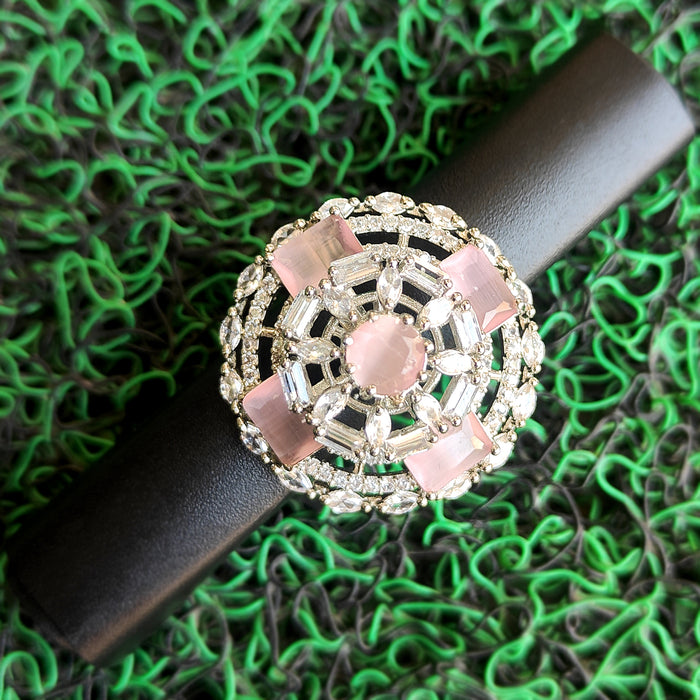 Silver Plated Brass Ring with Rose Quartz and CZ Stones: Timeless Elegance