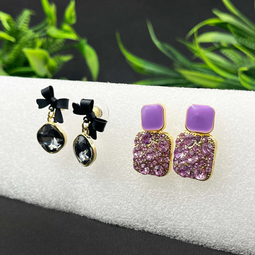 Combo of 2 Pairs Black Bow Crystal Drop & Lavender Stud Earrings