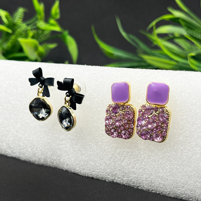 Trendy Black Bow Crystal Drop & Lavender Stud Earrings – 2-Pair Fashion Set