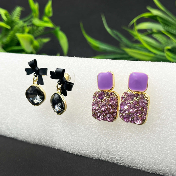 Combo of 2 Pairs Black Bow Crystal Drop & Lavender Stud Earrings